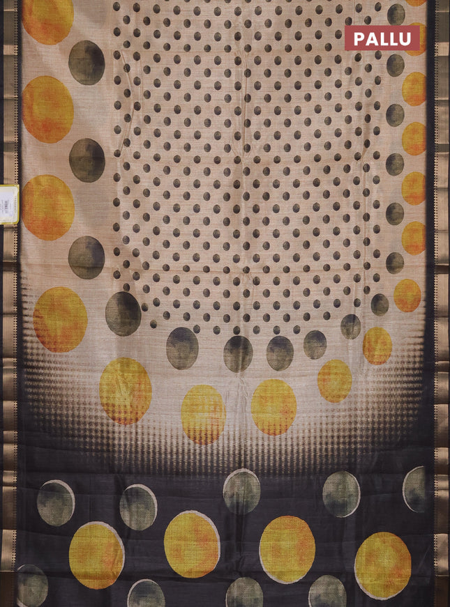 Semi tussar saree sandal and black with butta prints and zari woven border