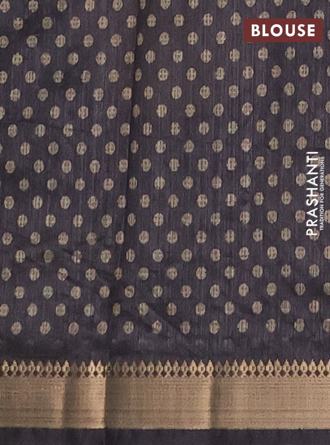 Semi tussar saree sandal and black with butta prints and zari woven border