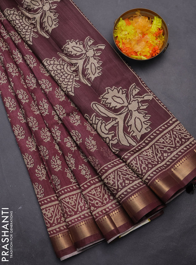 Semi tussar saree deep maroon with allover butta prints and zari woven border