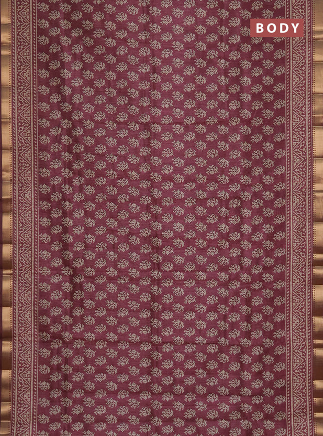 Semi tussar saree deep maroon with allover butta prints and zari woven border