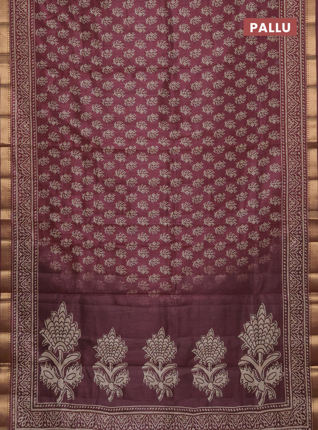Semi tussar saree deep maroon with allover butta prints and zari woven border