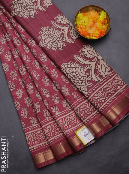 Semi tussar saree maroon with allover butta prints and zari woven border