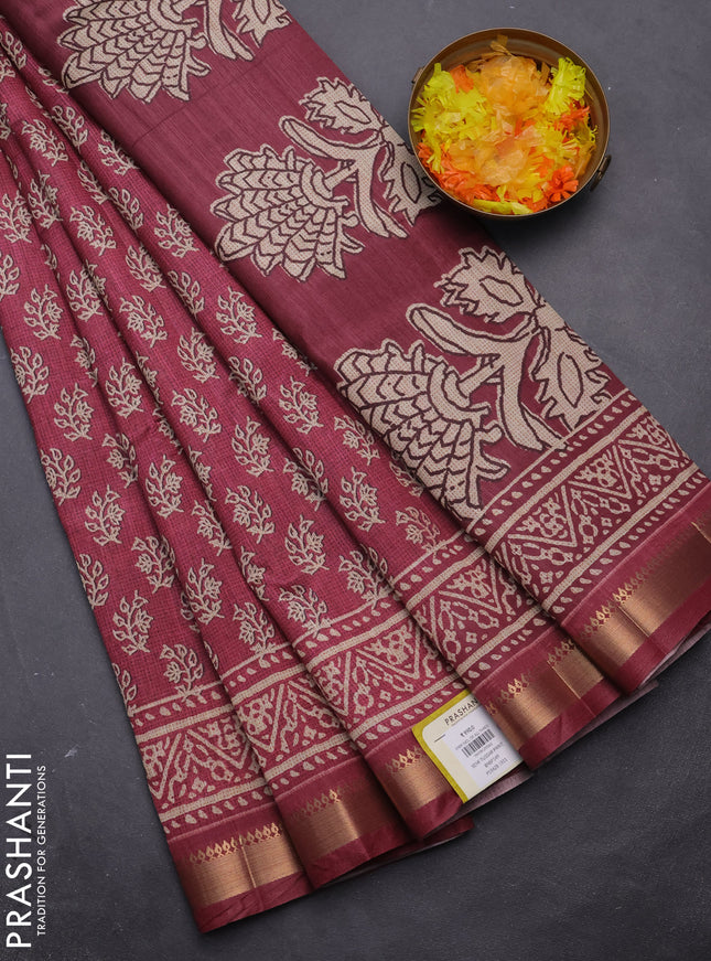 Semi tussar saree maroon with allover butta prints and zari woven border