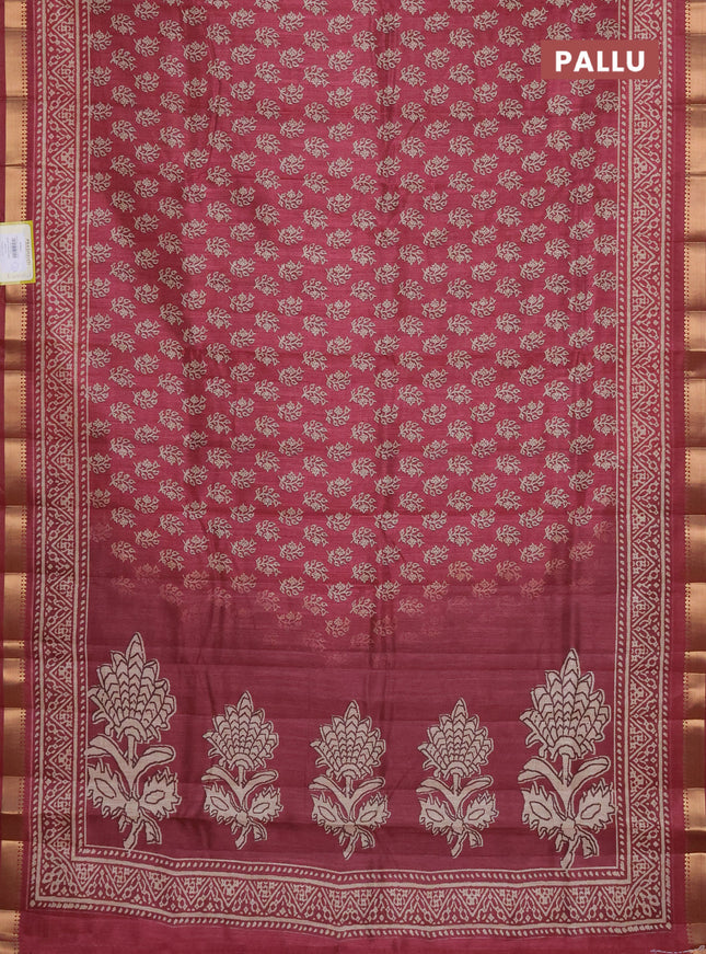 Semi tussar saree maroon with allover butta prints and zari woven border