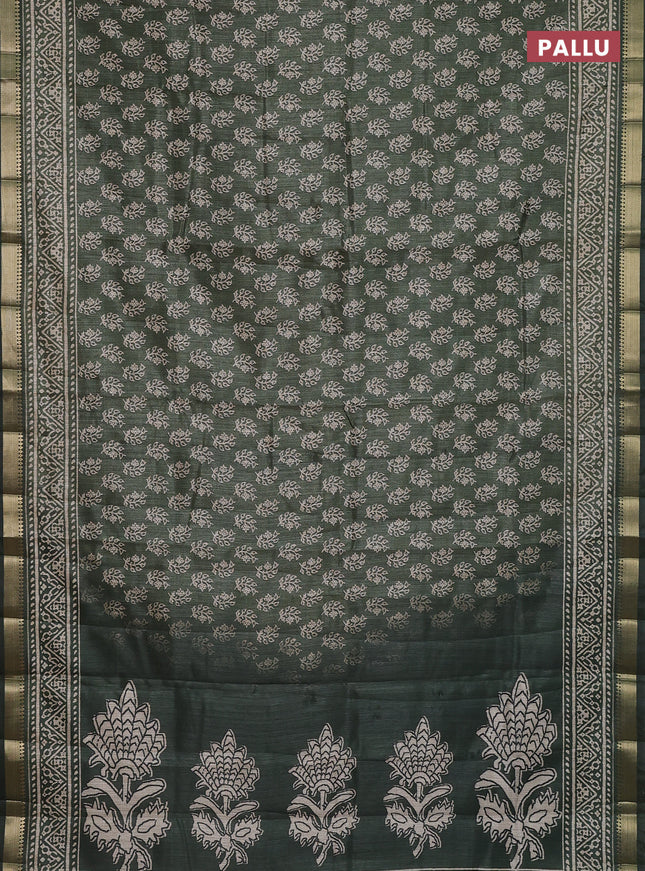Semi tussar saree green with allover butta prints and zari woven border