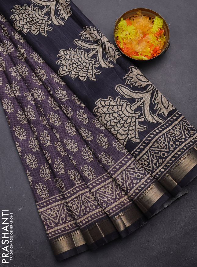 Semi tussar saree jamun shade with allover butta prints and zari woven border