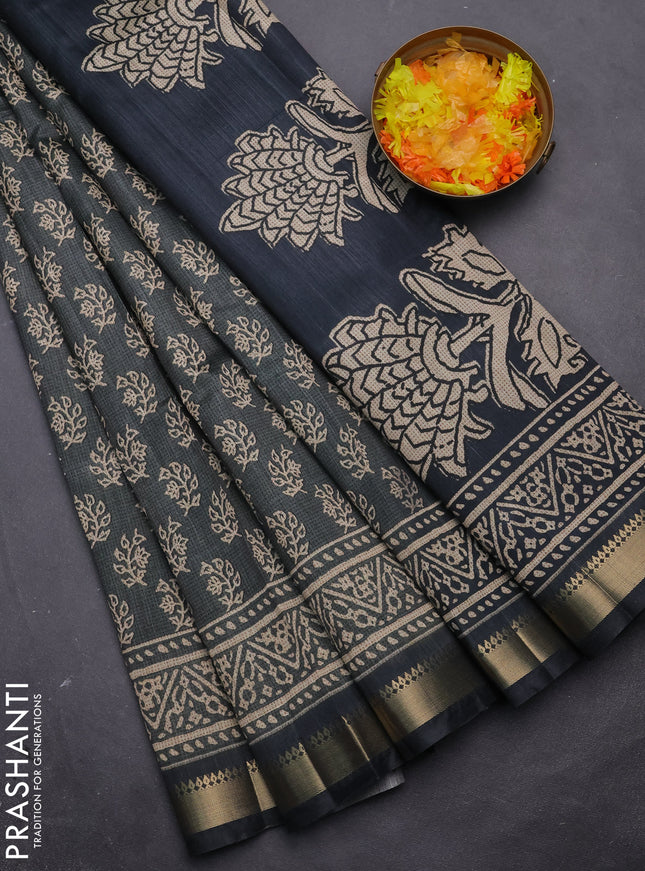 Semi tussar saree grey with allover butta prints and zari woven border