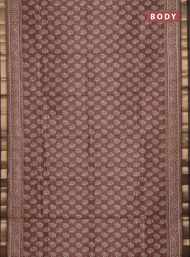 Semi tussar saree brown with allover butta prints and zari woven border
