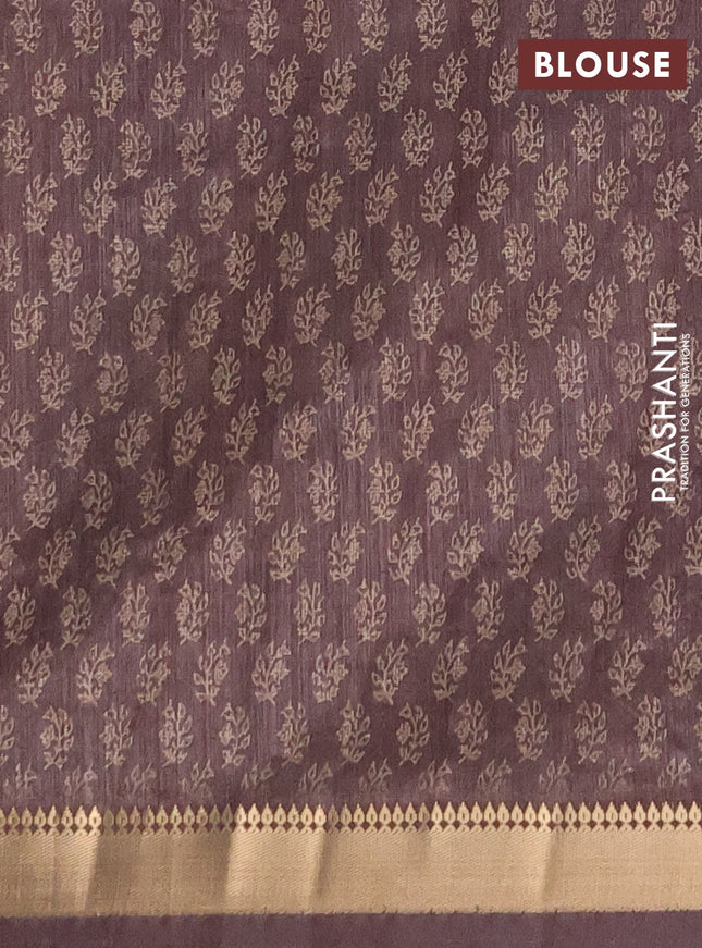 Semi tussar saree brown with allover butta prints and zari woven border