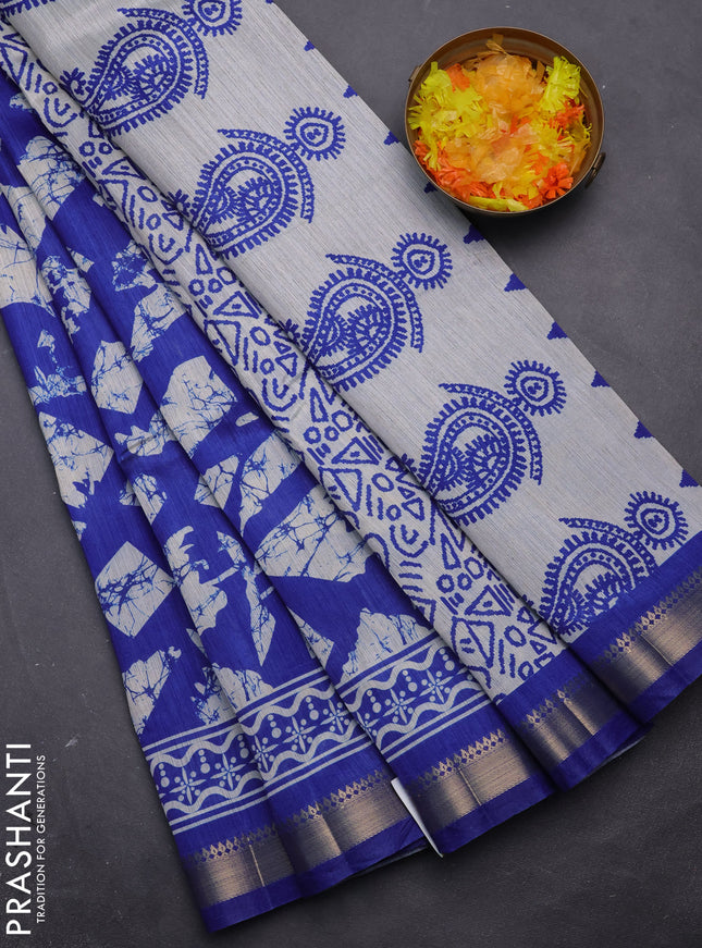Semi tussar saree royal blue and beige with allover geometric prints and zari woven border