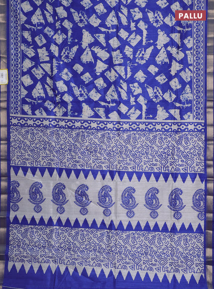 Semi tussar saree royal blue and beige with allover geometric prints and zari woven border