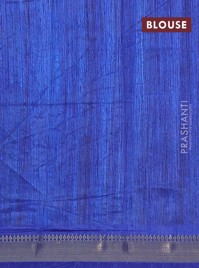 Semi tussar saree royal blue and beige with allover geometric prints and zari woven border