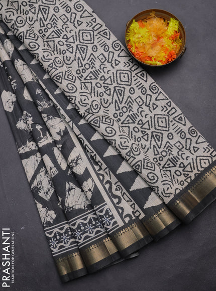 Semi tussar saree elephant grey and beige with allover geometric prints and zari woven border