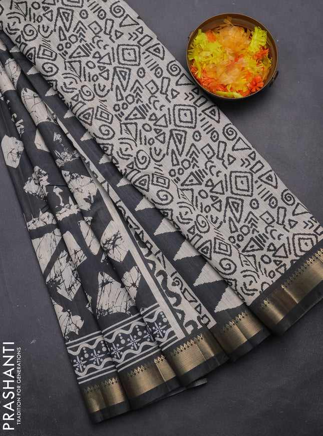Semi tussar saree elephant grey and beige with allover geometric prints and zari woven border