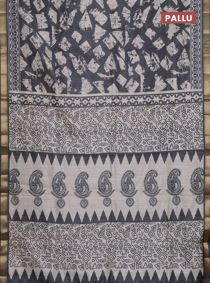 Semi tussar saree elephant grey and beige with allover geometric prints and zari woven border