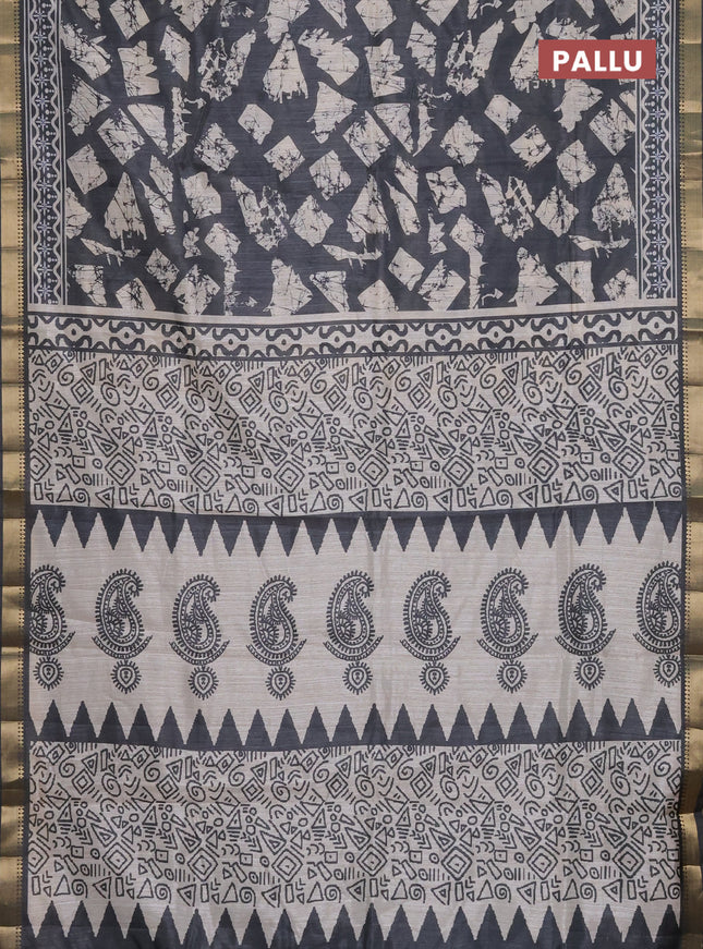 Semi tussar saree elephant grey and beige with allover geometric prints and zari woven border