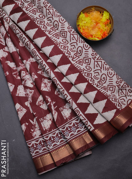 Semi tussar saree maroon and beige with allover geometric prints and zari woven border