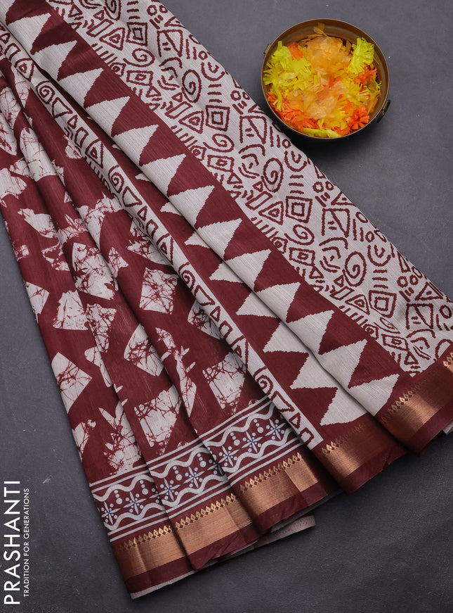 Semi tussar saree maroon and beige with allover geometric prints and zari woven border