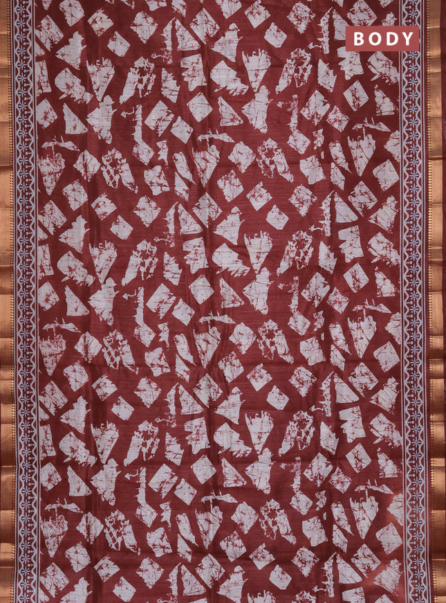 Semi tussar saree maroon and beige with allover geometric prints and zari woven border