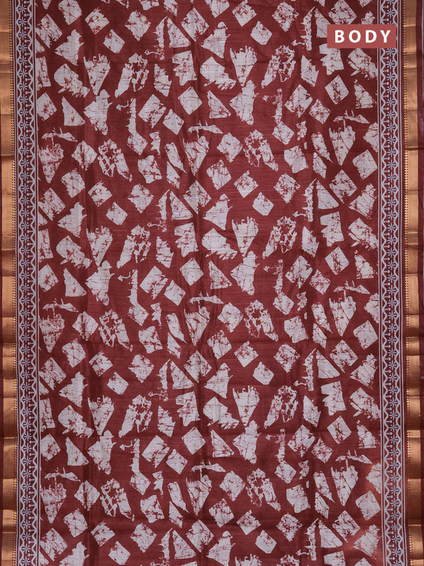Semi tussar saree maroon and beige with allover geometric prints and zari woven border