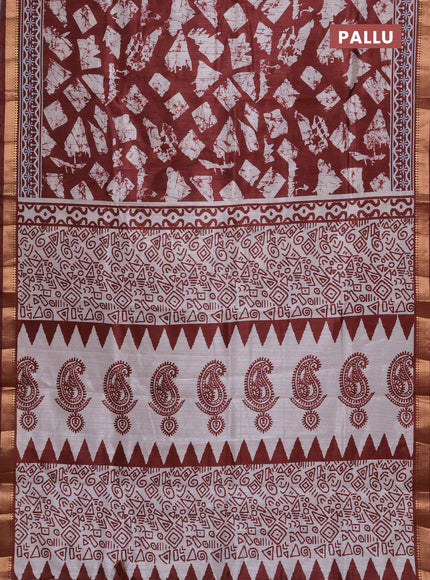 Semi tussar saree maroon and beige with allover geometric prints and zari woven border