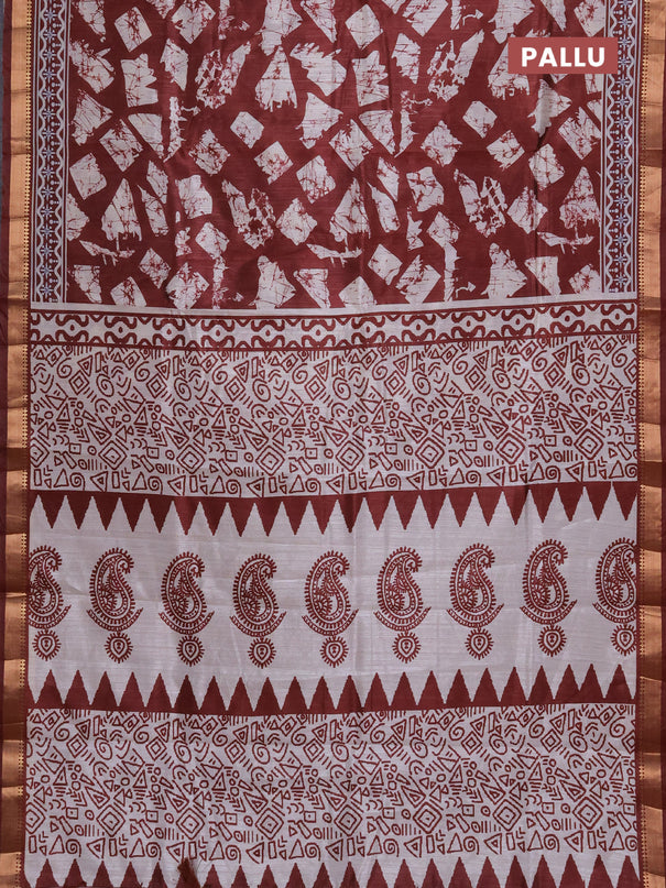 Semi tussar saree maroon and beige with allover geometric prints and zari woven border
