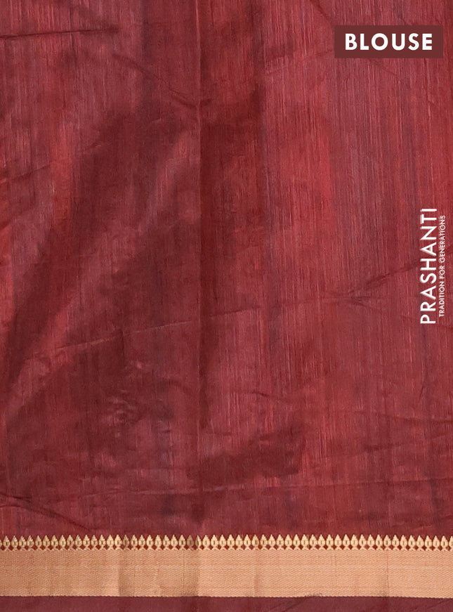 Semi tussar saree maroon and beige with allover geometric prints and zari woven border