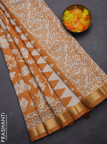 Semi tussar saree mustard yellow and beige with allover geometric prints and zari woven border