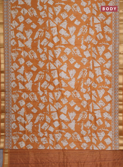 Semi tussar saree mustard yellow and beige with allover geometric prints and zari woven border