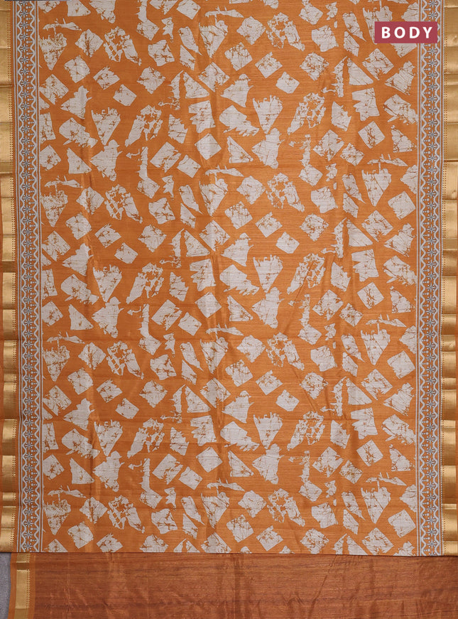 Semi tussar saree mustard yellow and beige with allover geometric prints and zari woven border