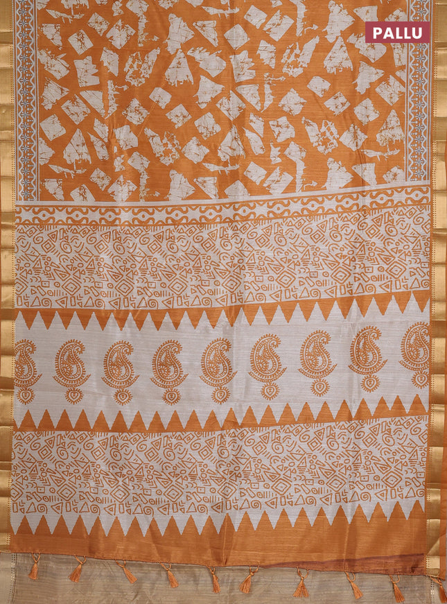 Semi tussar saree mustard yellow and beige with allover geometric prints and zari woven border