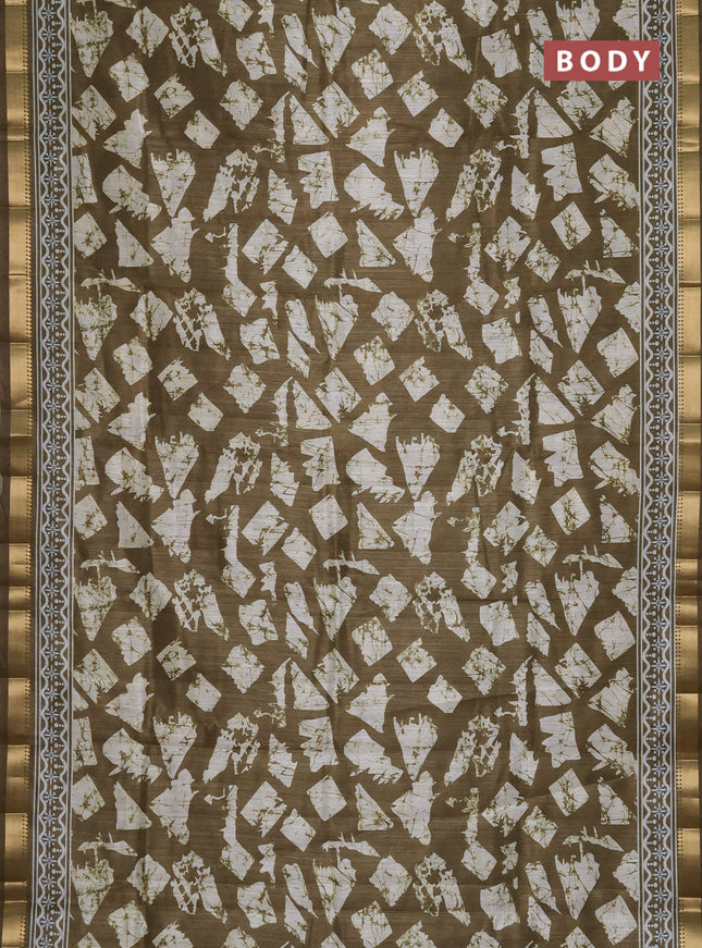 Semi tussar saree mehendi green and beige with allover geometric prints and zari woven border