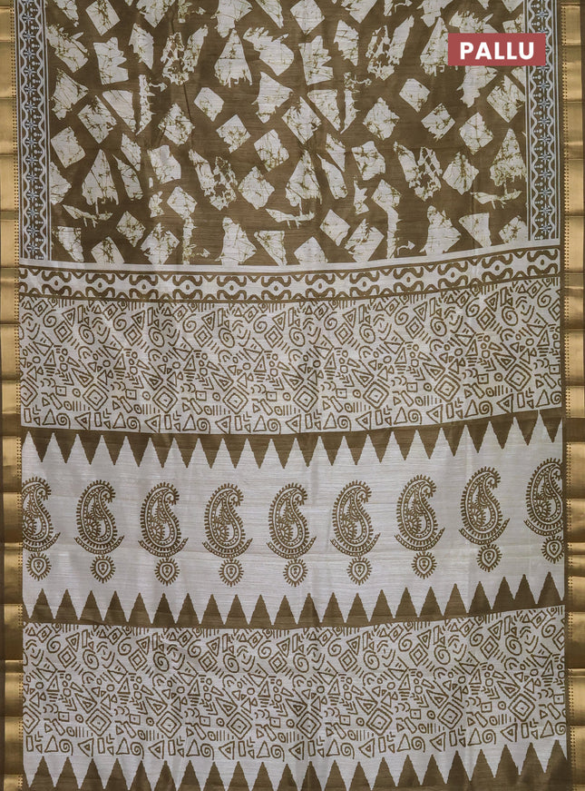 Semi tussar saree mehendi green and beige with allover geometric prints and zari woven border