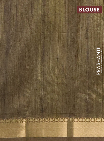 Semi tussar saree mehendi green and beige with allover geometric prints and zari woven border