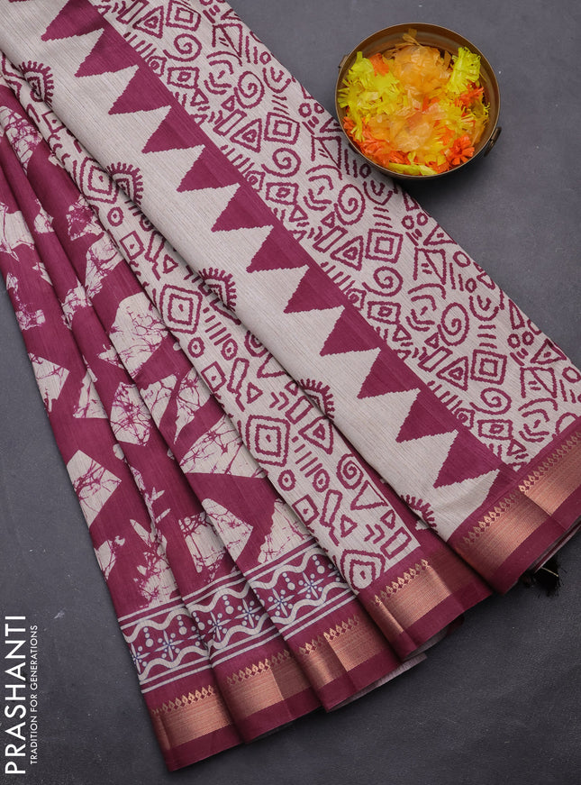 Semi tussar saree magenta pink and beige with allover geometric prints and zari woven border