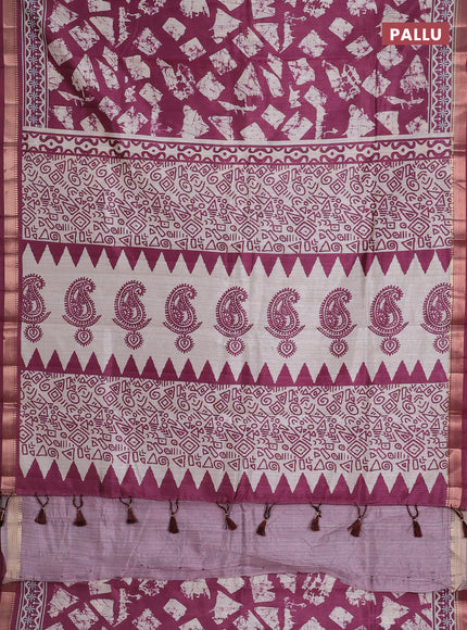 Semi tussar saree magenta pink and beige with allover geometric prints and zari woven border