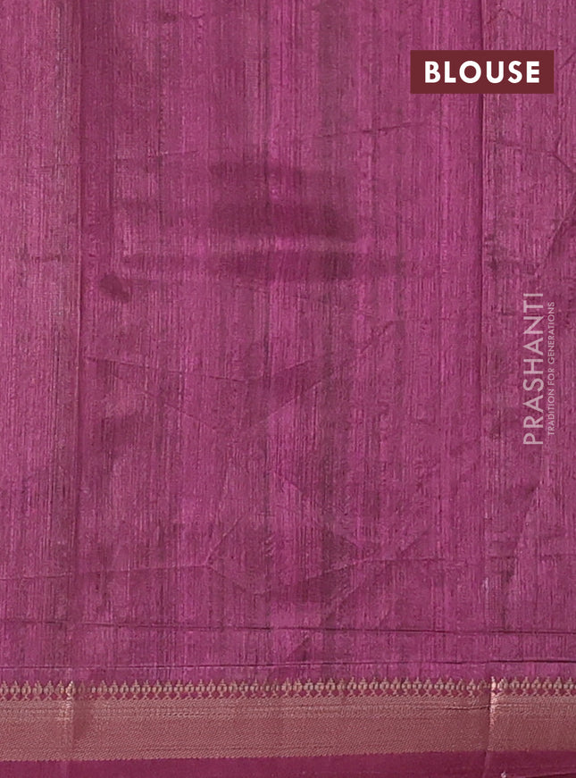 Semi tussar saree magenta pink and beige with allover geometric prints and zari woven border