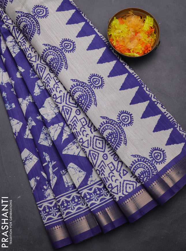 Semi tussar saree violet and beige with allover geometric prints and zari woven border