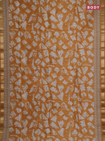 Semi tussar saree mustard yellow and beige with allover geometric prints and zari woven border