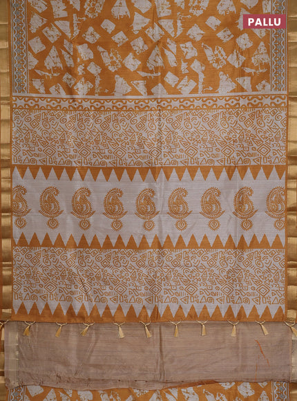 Semi tussar saree mustard yellow and beige with allover geometric prints and zari woven border
