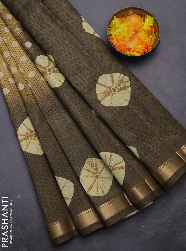 Semi tussar saree yellow and sap green with butta prints and zari woven border