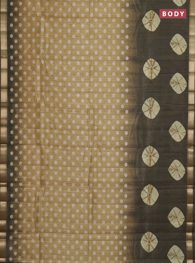 Semi tussar saree yellow and sap green with butta prints and zari woven border