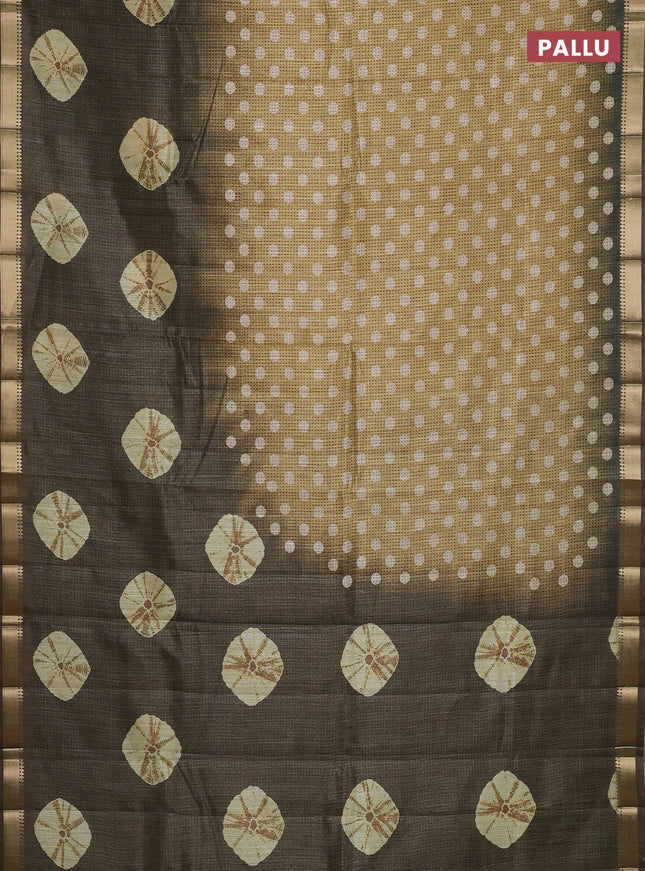 Semi tussar saree yellow and sap green with butta prints and zari woven border