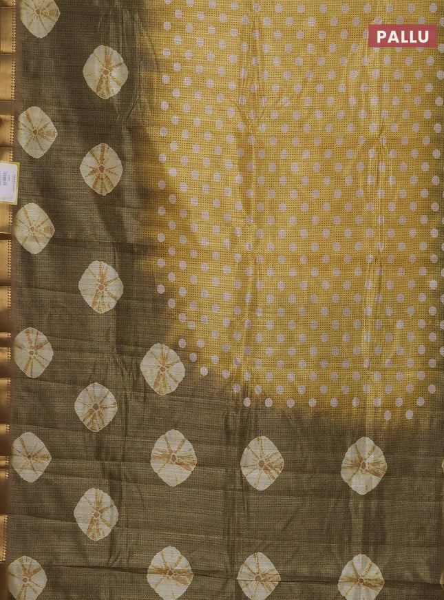 Semi tussar saree yellow and green shade with butta prints and zari woven border