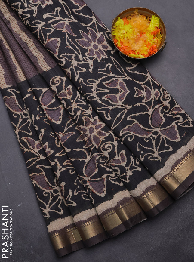 Semi tussar saree brown and elephant grey with stripes pattern and zari woven border