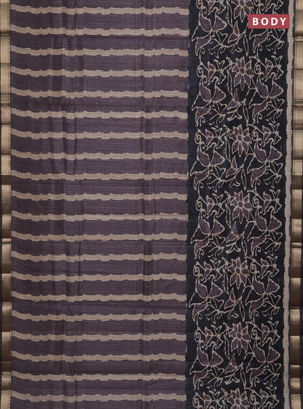 Semi tussar saree brown and elephant grey with stripes pattern and zari woven border