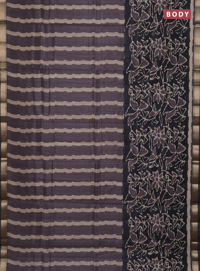 Semi tussar saree brown and elephant grey with stripes pattern and zari woven border
