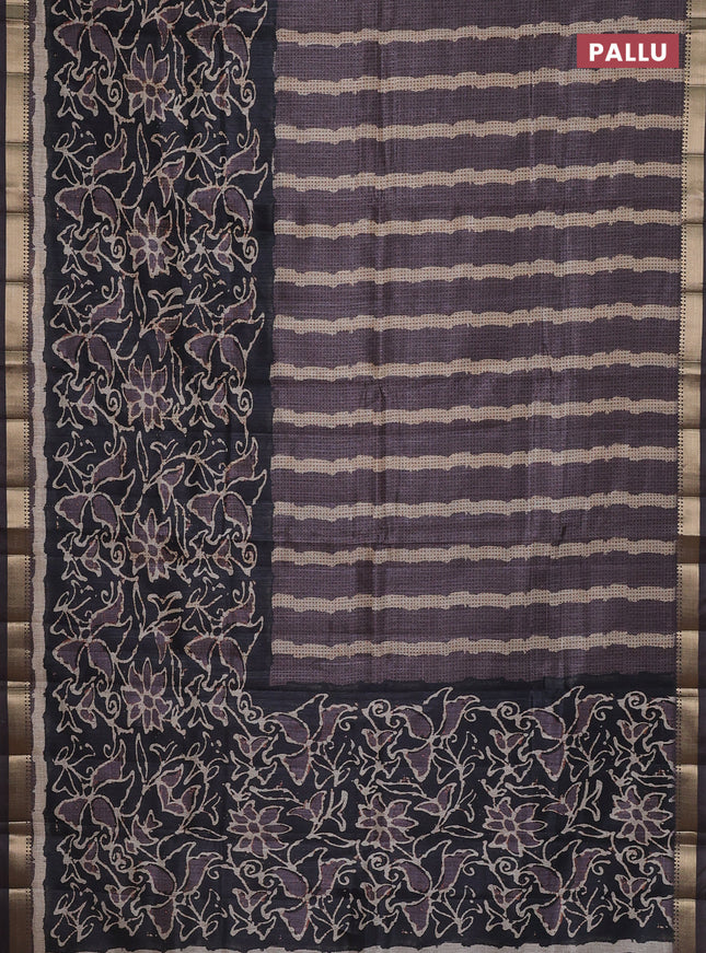 Semi tussar saree brown and elephant grey with stripes pattern and zari woven border