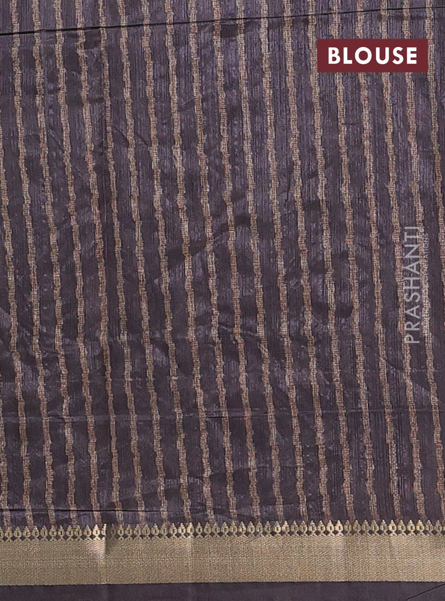 Semi tussar saree brown and elephant grey with stripes pattern and zari woven border