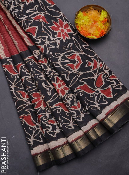 Semi tussar saree maroon and black with stripes pattern and zari woven border